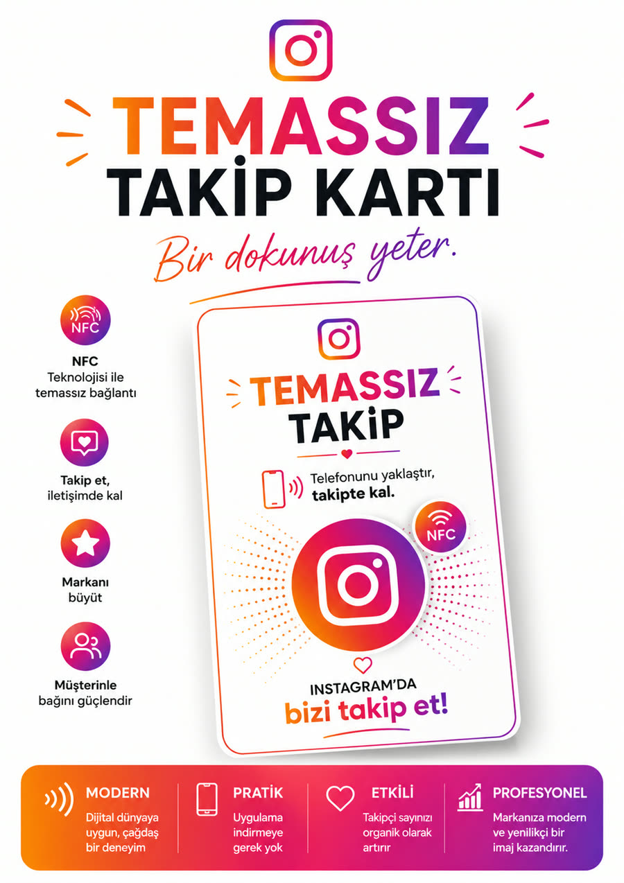 Temassız Instagram takip kartı — telefonu yaklaştıran müşteri Instagram hesabını açar
